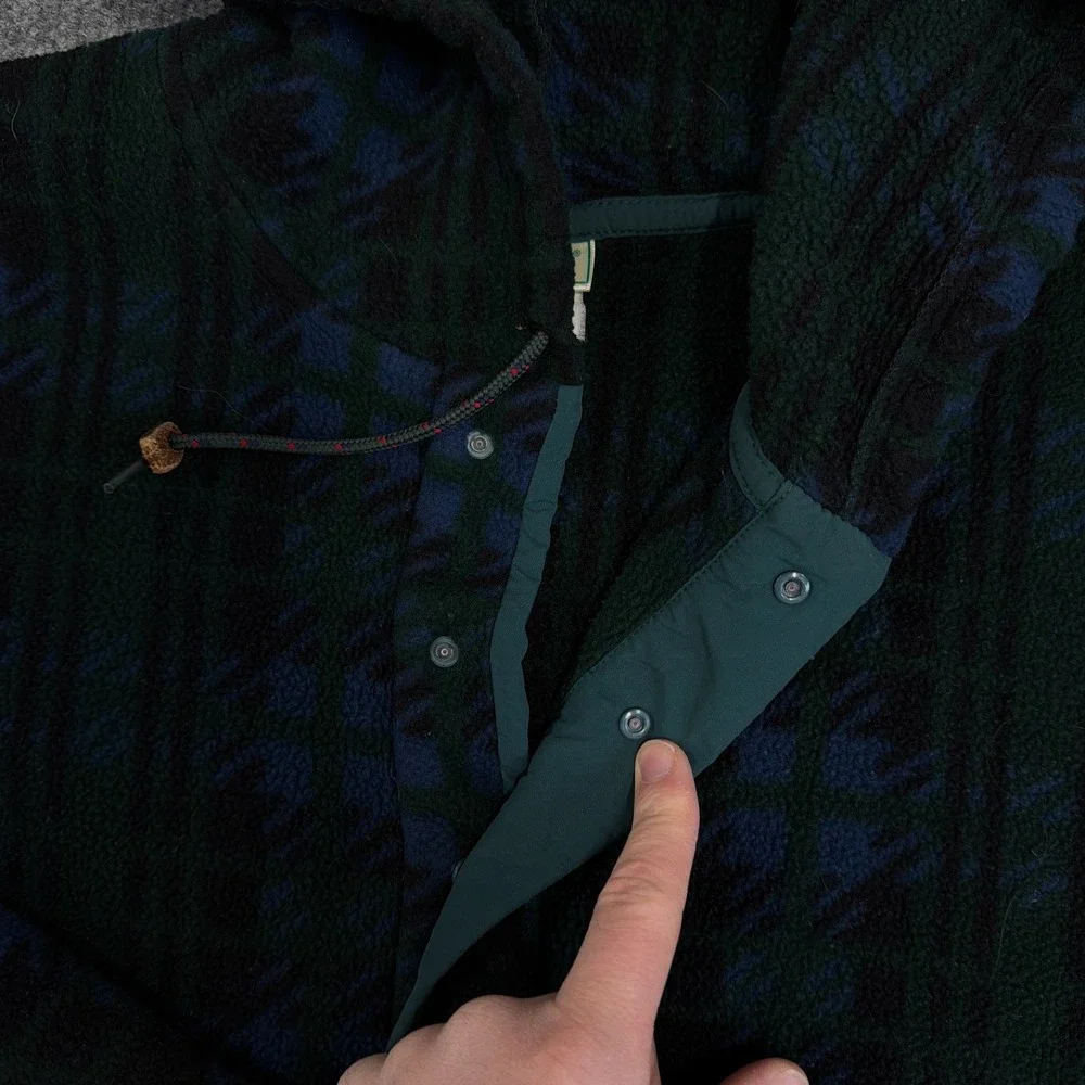 Vintage LL Bean Jacket Womens Large 1/4 Snap Hooded Fleece Pullover Green Plaid - Picture 6 of 11